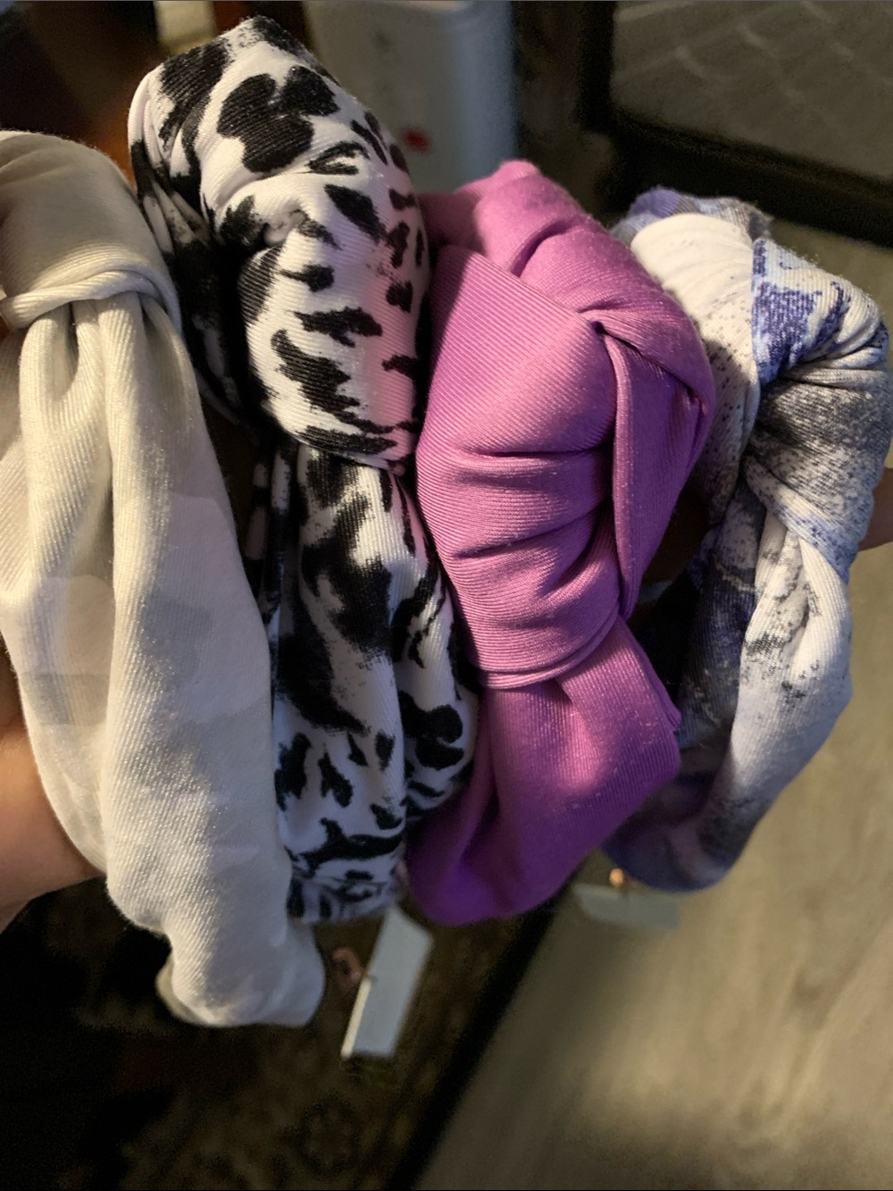 Set of 4 Knotted Headbands in White, Black Print, Purple & Marble